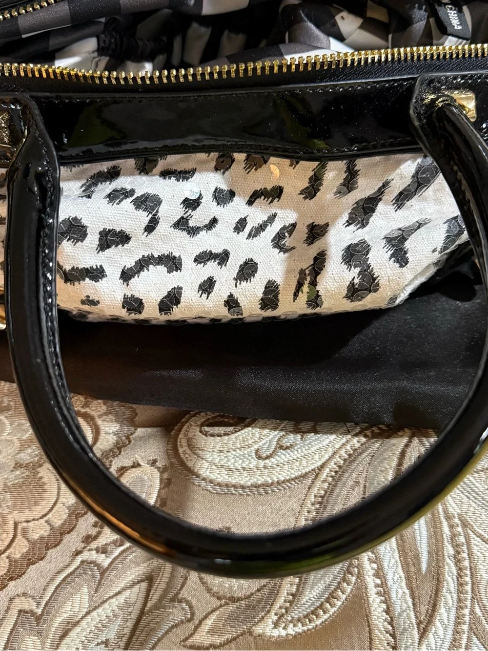 Betsey Johnson Black & White “Leopard Print Sequins” Satchel with Gold Hardwar